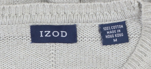IZOD Men Beige Cotton Check Knit Crew Neck Pullover Jumper M