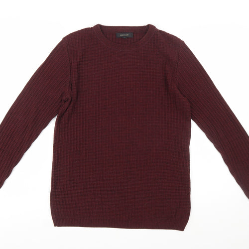 River Island Men's Red Waffle Knit Crew Neck Jumper Size S
