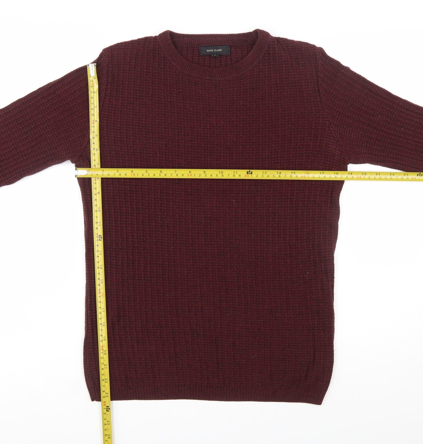 River Island Men's Red Waffle Knit Crew Neck Jumper Size S