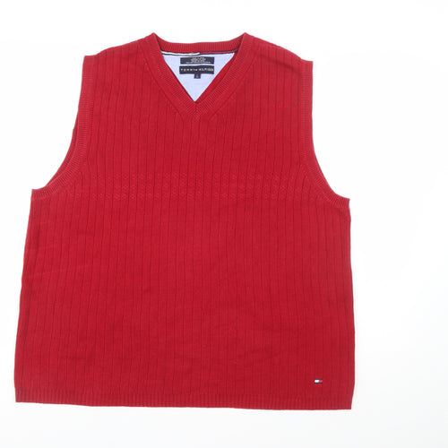 Tommy Hilfiger Men's Red Cotton V-Neck Vest Size L Classic Knit
