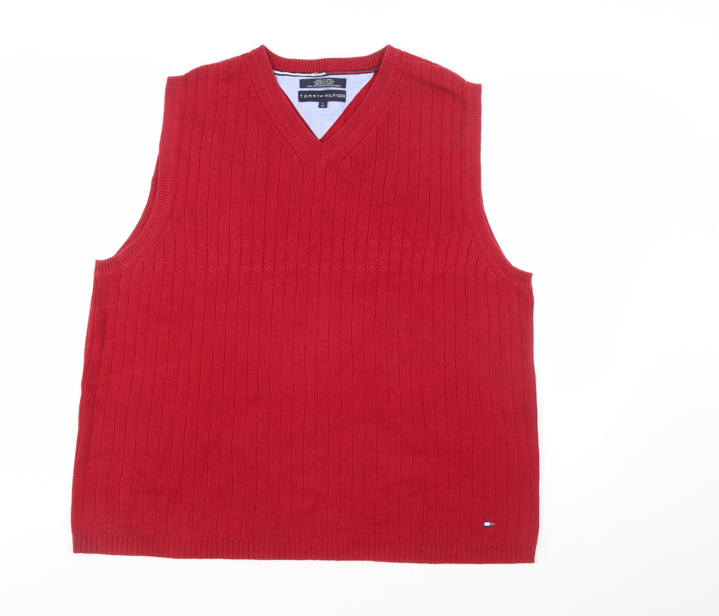 Tommy Hilfiger Men's Red Cotton V-Neck Vest Size L Classic Knit