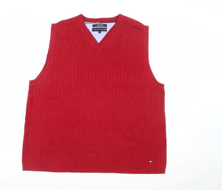 Tommy Hilfiger Men's Red Cotton V-Neck Vest Size L Classic Knit