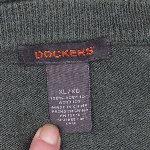 Dockers Mens Green XL V-Neck Pullover Jumper Acrylic Knit