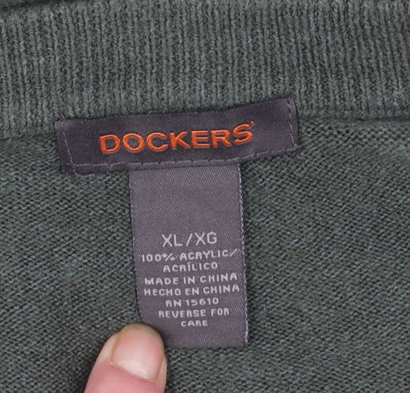 Dockers Mens Green XL V-Neck Pullover Jumper Acrylic Knit