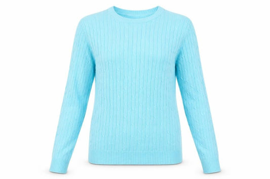 Front view of IZOD women’s blue cotton cable knit crew neck jumper, size M
