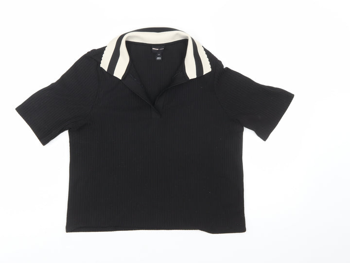 River Island Women's Black Collared Short Sleeve Cropped Polo Top Size 14
