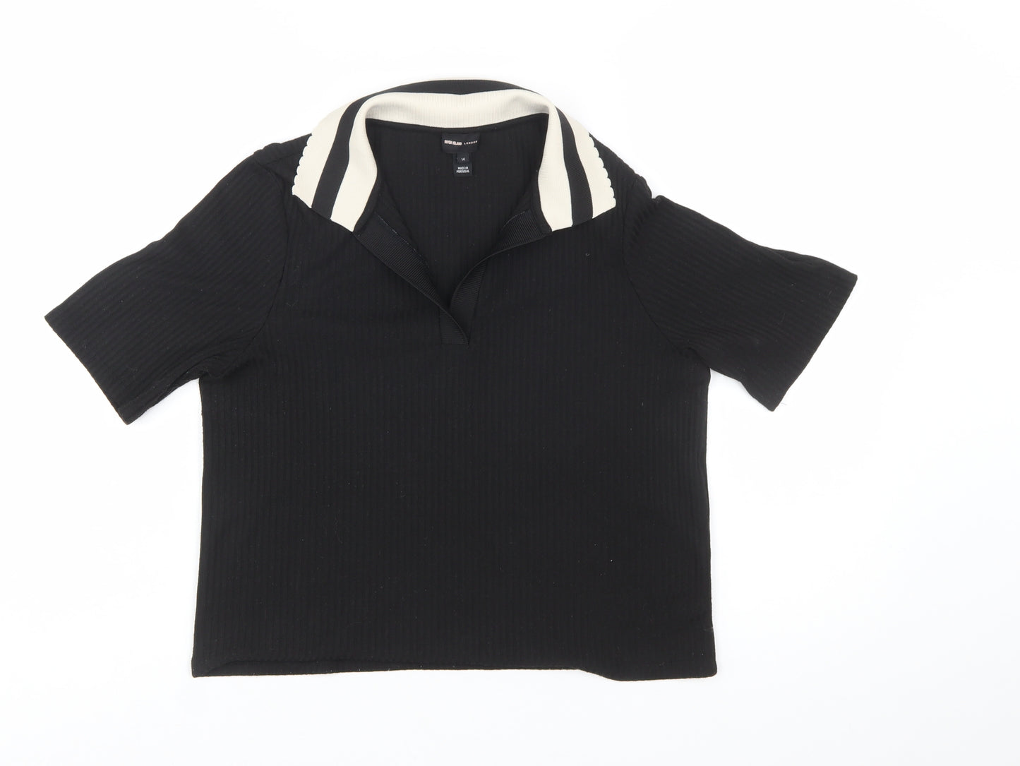 River Island Women's Black Collared Short Sleeve Cropped Polo Top Size 14