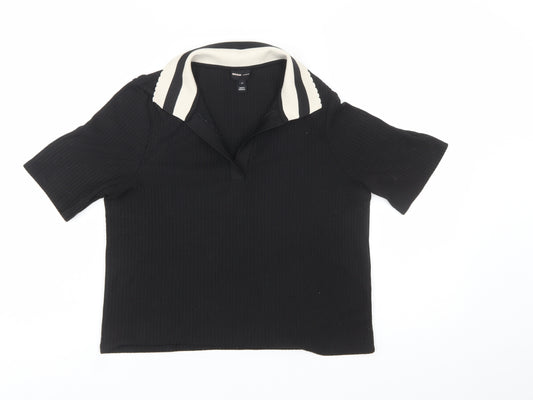 River Island Women's Black Collared Short Sleeve Cropped Polo Top Size 14