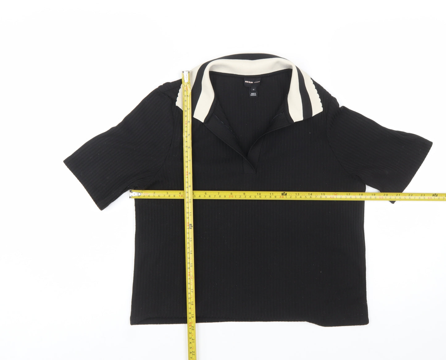 River Island Women's Black Collared Short Sleeve Cropped Polo Top Size 14