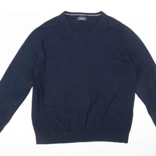 Lands' End Men's Blue Cotton V-Neck Jumper XL Classic Fit