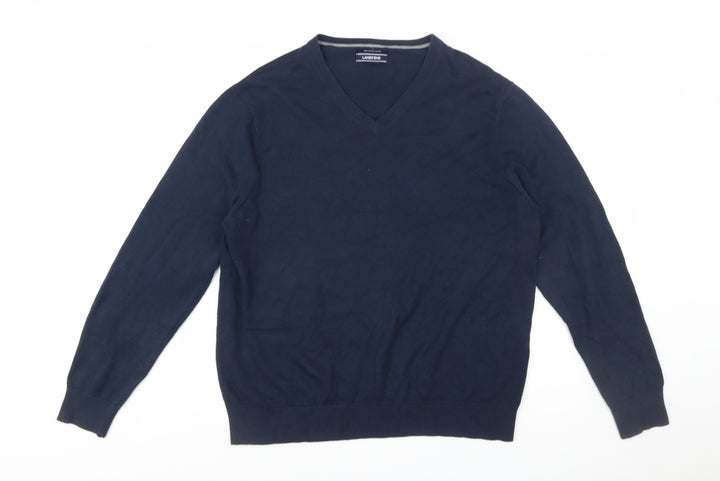Lands' End Men's Blue Cotton V-Neck Jumper XL Classic Fit