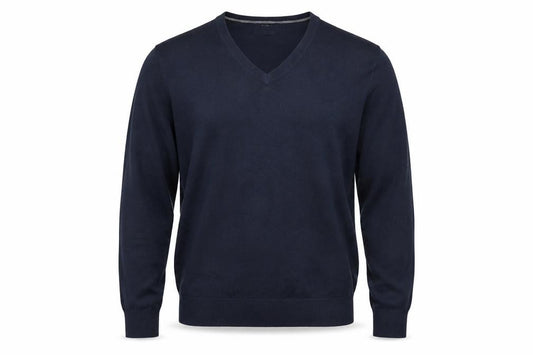 Front view of Lands' End Men's Blue Cotton V-Neck Jumper XL Classic Fit