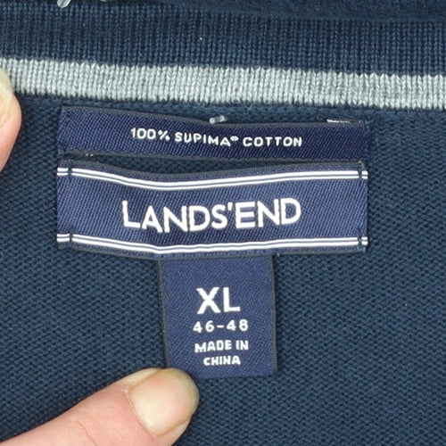 Lands' End Men's Blue Cotton V-Neck Jumper XL Classic Fit