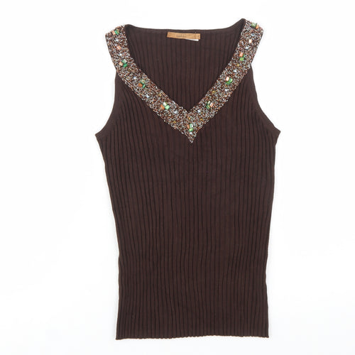 Belldini Women's Brown Beaded V-Neck Sleeveless Knit Tank Top Size M