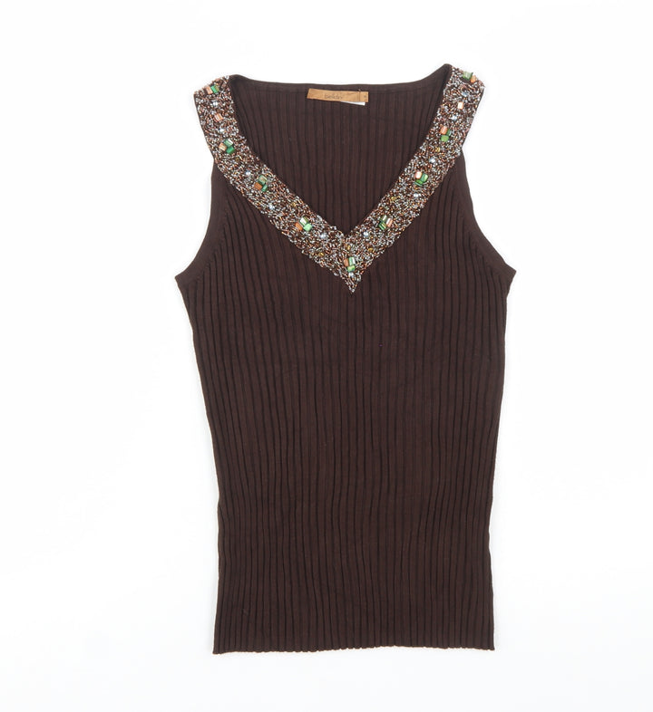 Belldini Women's Brown Beaded V-Neck Sleeveless Knit Tank Top Size M
