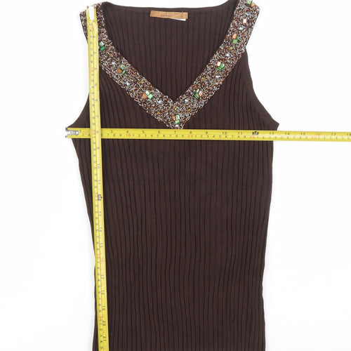 Belldini Women's Brown Beaded V-Neck Sleeveless Knit Tank Top Size M