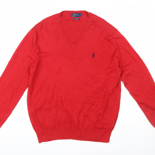 Ralph Lauren Men's Red V-Neck Cotton Pullover Jumper L