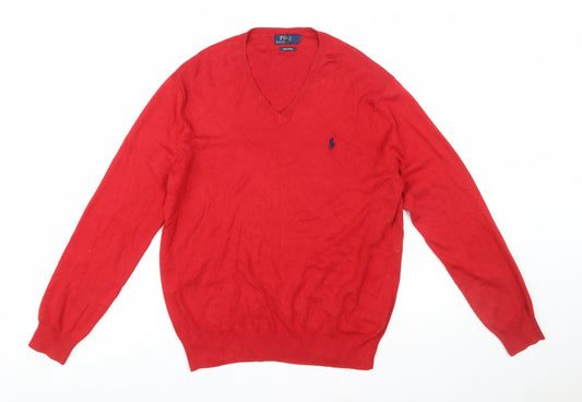 Ralph Lauren Men's Red V-Neck Cotton Pullover Jumper L