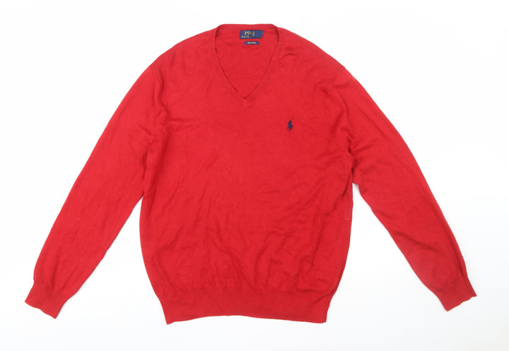 Ralph Lauren Men's Red V-Neck Cotton Pullover Jumper L