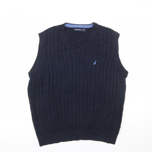 Nautica Men's Blue Cotton Cable-Knit V-Neck Sleeveless Jumper Vest M