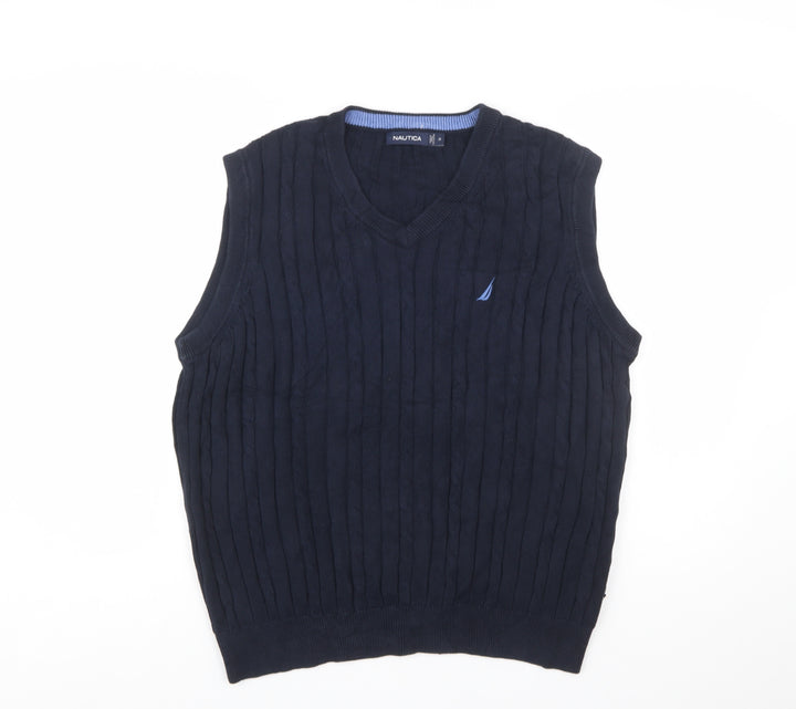 Nautica Men's Blue Cotton Cable-Knit V-Neck Sleeveless Jumper Vest M