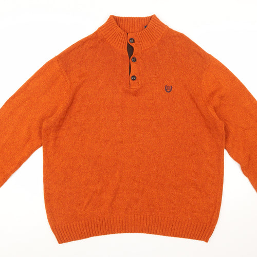 Chaps Men's Orange XL Henley Cotton Jumper with Elbow Patches