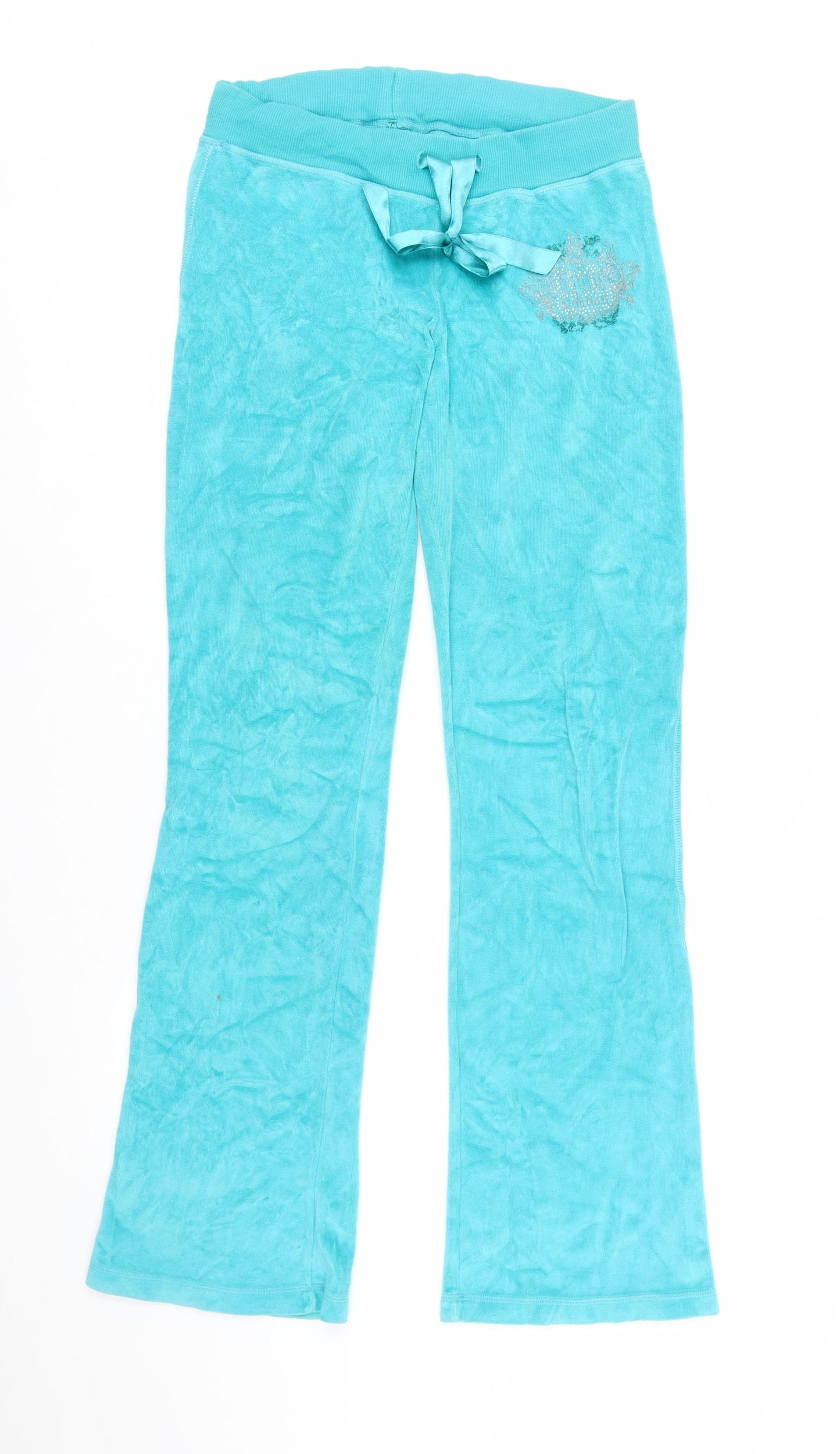 Lipsy Women Blue Velour Sweatpants Size 10 with Bow Detail