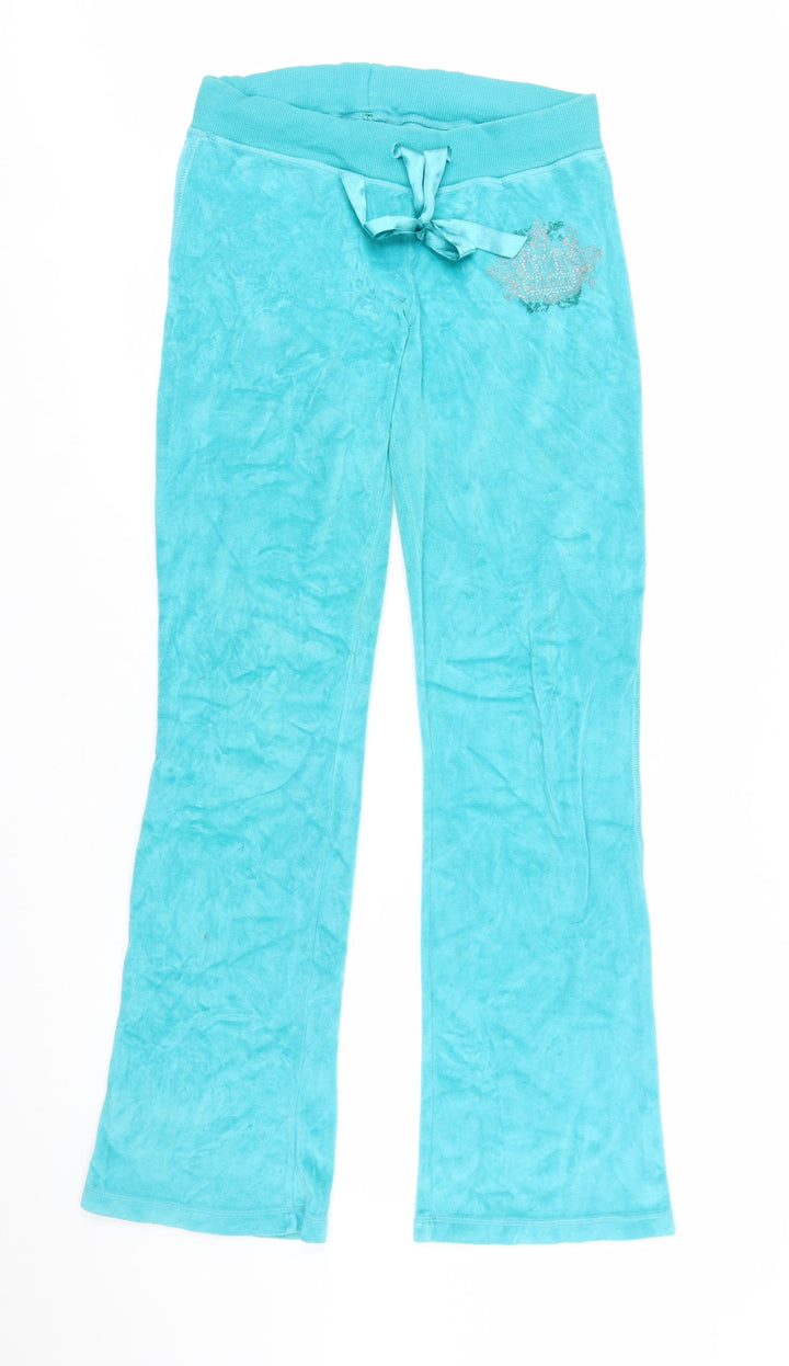 Lipsy Women Blue Velour Sweatpants Size 10 with Bow Detail