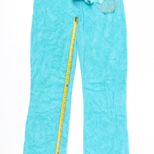 Lipsy Women Blue Velour Sweatpants Size 10 with Bow Detail