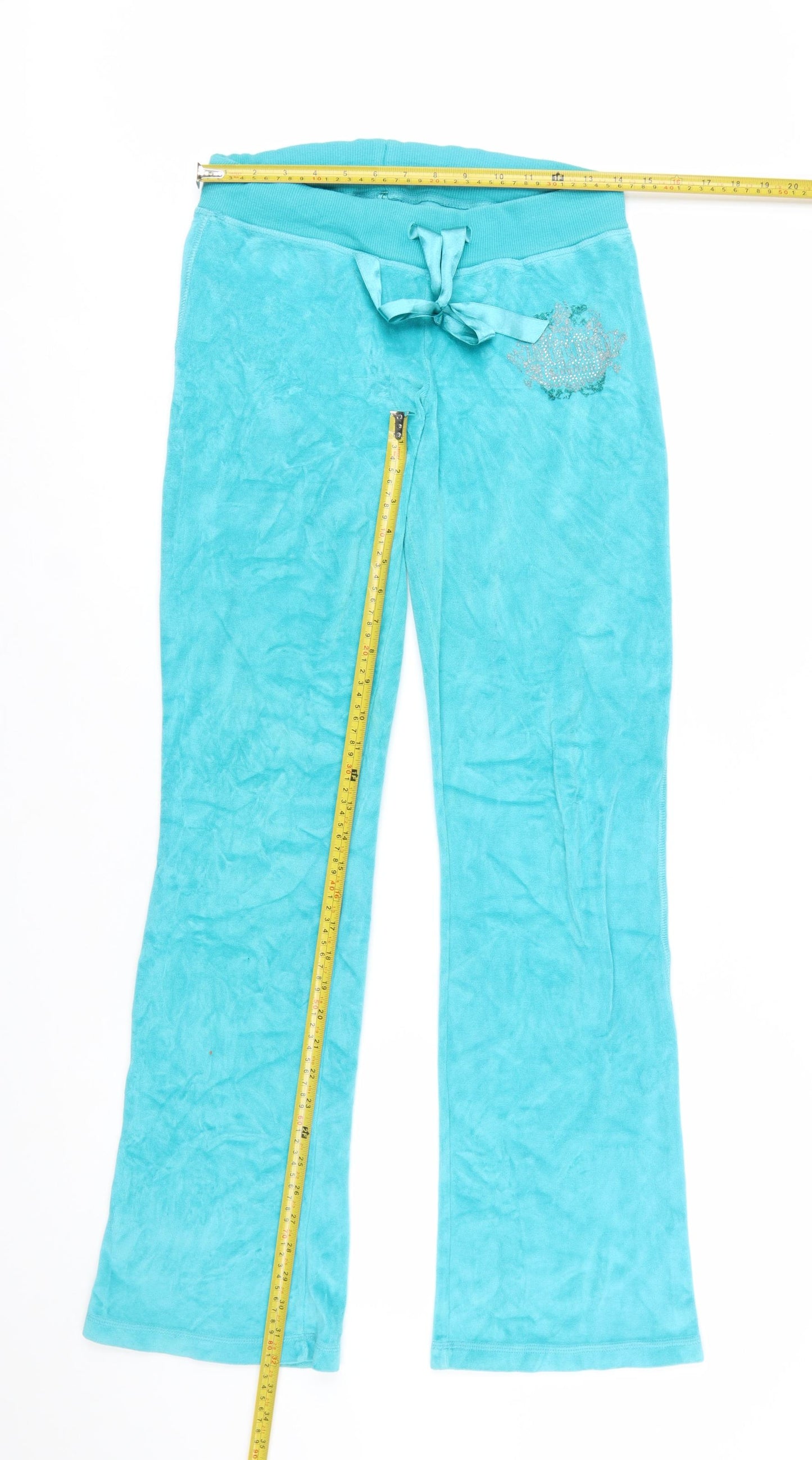 Lipsy Women Blue Velour Sweatpants Size 10 with Bow Detail