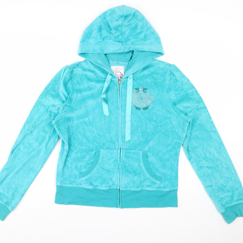 Lipsy Women’s Turquoise Velour Full Zip Hoodie Size 16 Rhinestone Logo