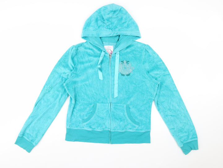 Lipsy Women’s Turquoise Velour Full Zip Hoodie Size 16 Rhinestone Logo