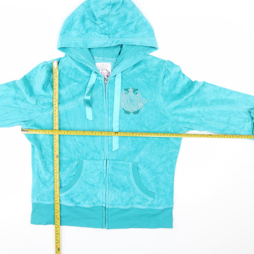 Lipsy Women’s Turquoise Velour Full Zip Hoodie Size 16 Rhinestone Logo