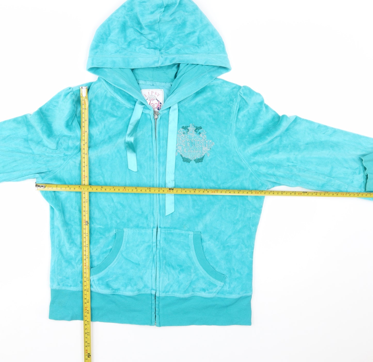 Lipsy Women’s Turquoise Velour Full Zip Hoodie Size 16 Rhinestone Logo