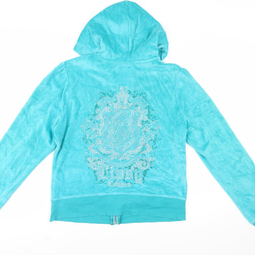 Lipsy Women’s Turquoise Velour Full Zip Hoodie Size 16 Rhinestone Logo