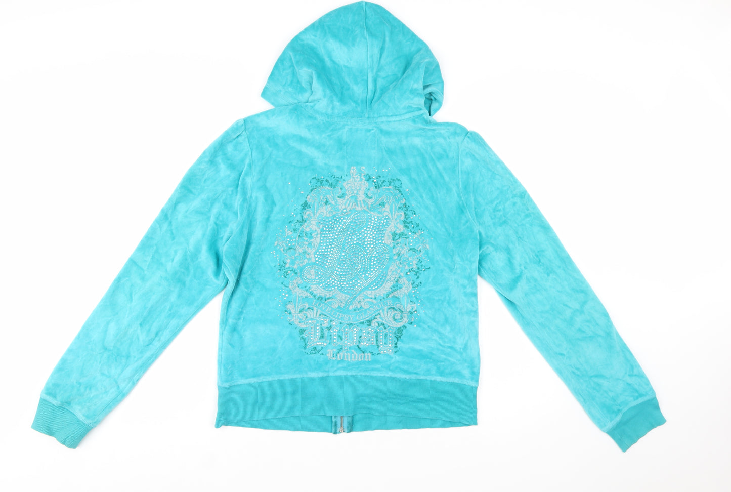 Lipsy Women’s Turquoise Velour Full Zip Hoodie Size 16 Rhinestone Logo