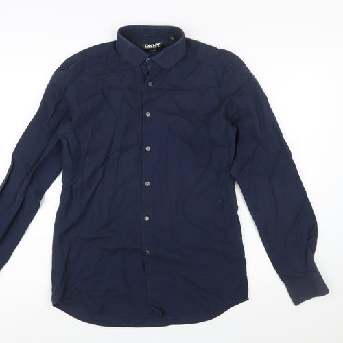 DKNY Men's Blue Slim Fit Long Sleeve Cotton Button-Up Shirt 15.5in