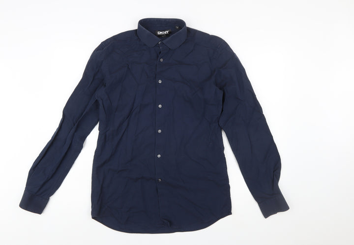 DKNY Men's Blue Slim Fit Long Sleeve Cotton Button-Up Shirt 15.5in