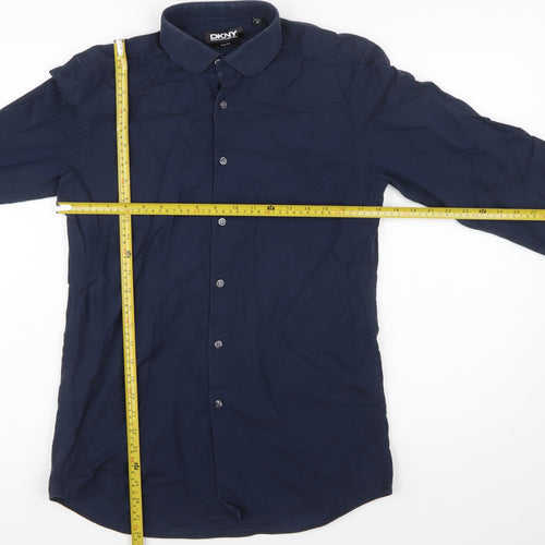 DKNY Men's Blue Slim Fit Long Sleeve Cotton Button-Up Shirt 15.5in