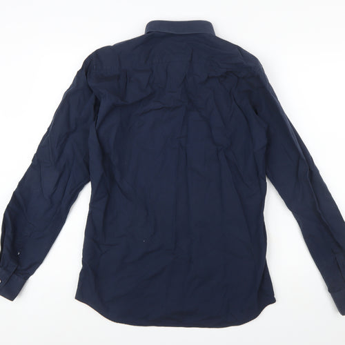 DKNY Men's Blue Slim Fit Long Sleeve Cotton Button-Up Shirt 15.5in