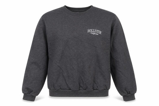 Front view of Hollister Men's Grey Logo Pullover Sweatshirt, size M, Crew Neck