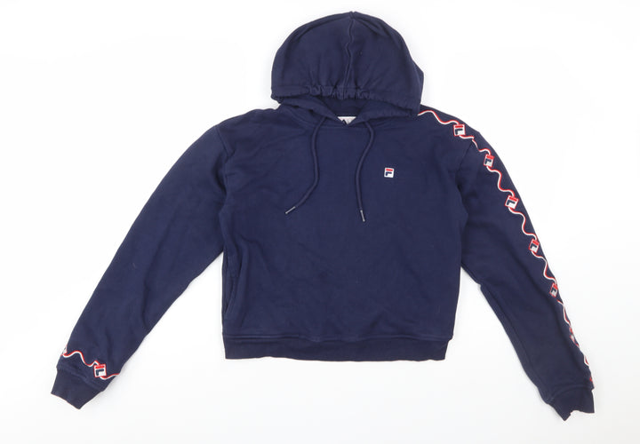 FILA Womens Navy Blue XS Pullover Hoodie Sweatshirt Logo Tape Sleeve