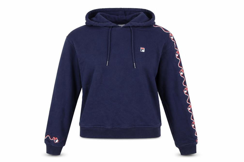 FILA Womens Navy Blue XS Pullover Hoodie Sweatshirt Logo Tape Sleeve