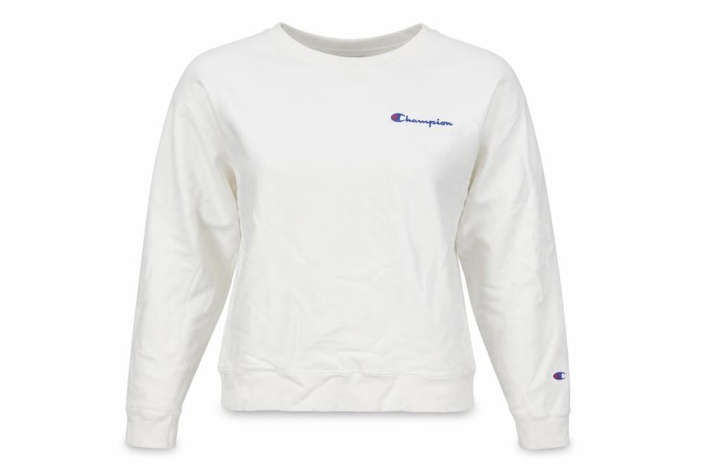 Front view of Champion Women White Large Reverse Weave Pullover Sweatshirt
