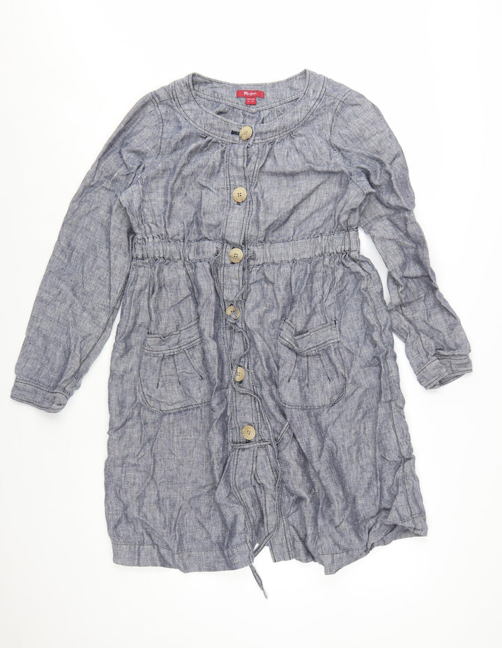Monsoon Women Blue Linen Shirt Dress Size 12 Long Sleeve Casual