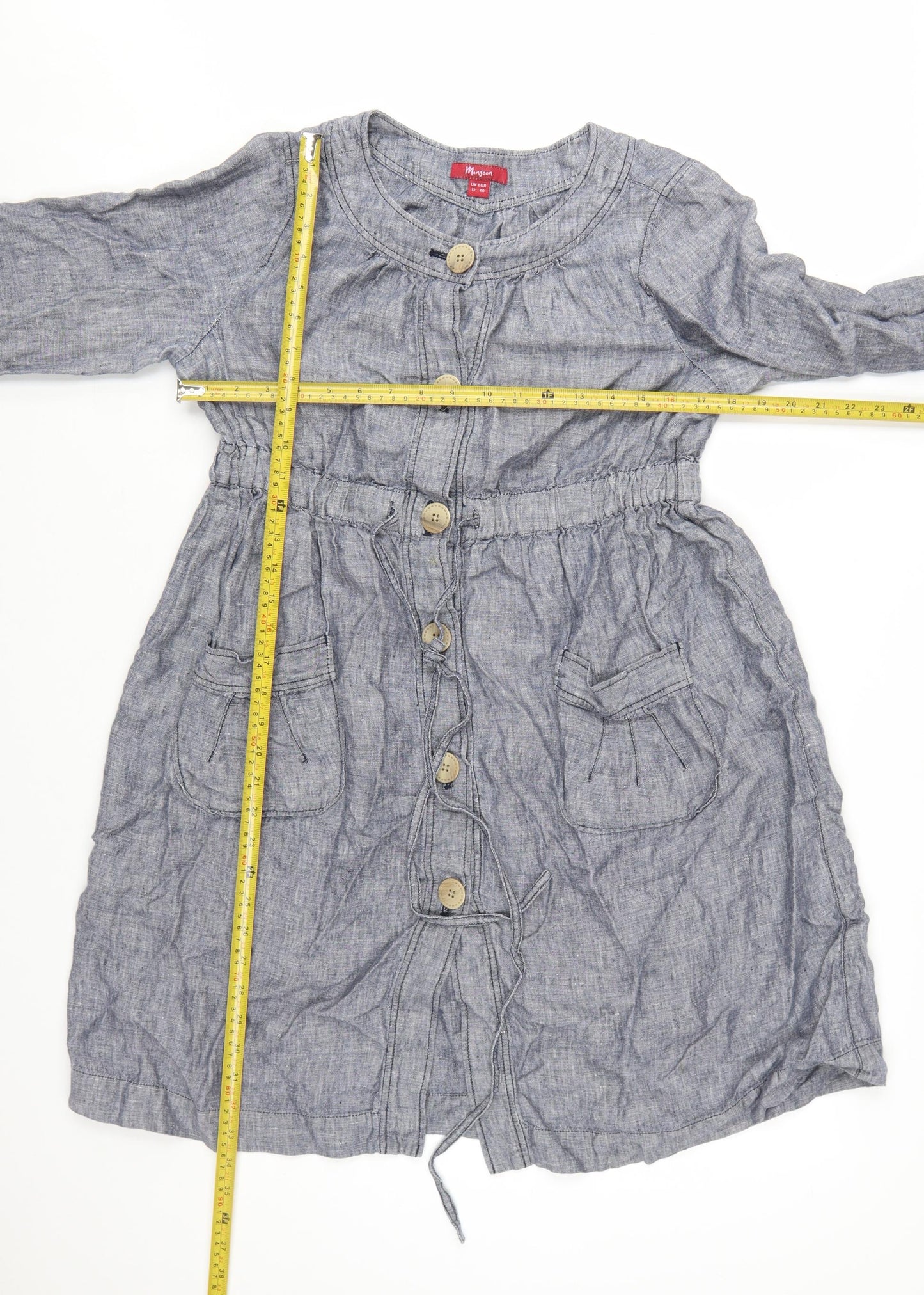 Monsoon Women Blue Linen Shirt Dress Size 12 Long Sleeve Casual