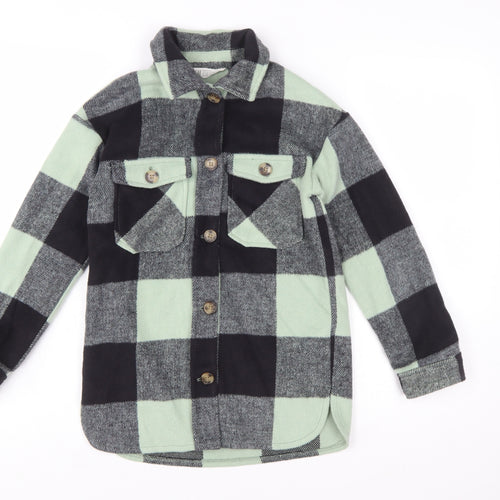 H&M Girls Green Checked Button-Up Long Sleeve Fleece Shirt 9-10 Years