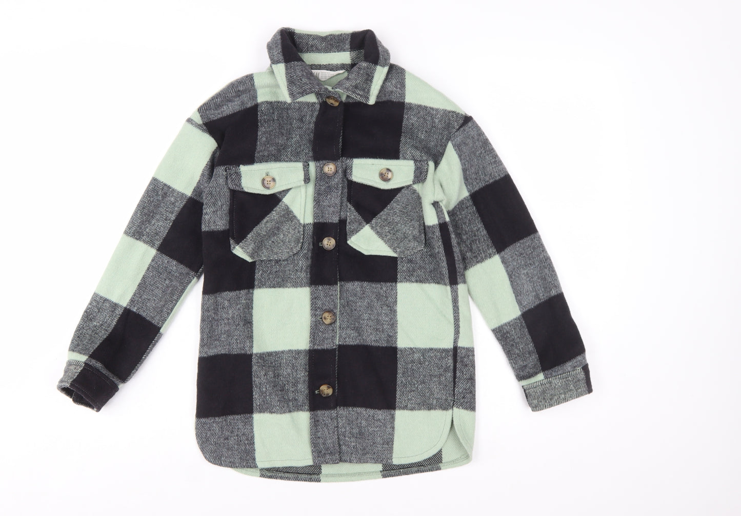 H&M Girls Green Checked Button-Up Long Sleeve Fleece Shirt 9-10 Years
