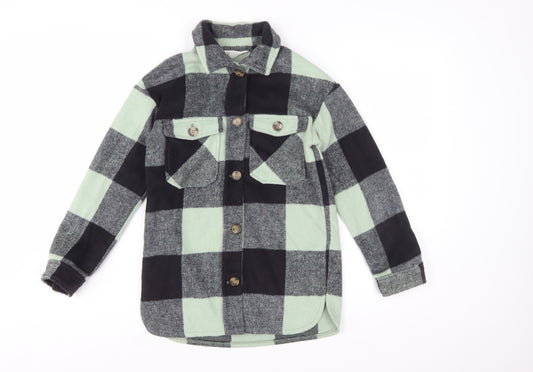 H&M Girls Green Checked Button-Up Long Sleeve Fleece Shirt 9-10 Years
