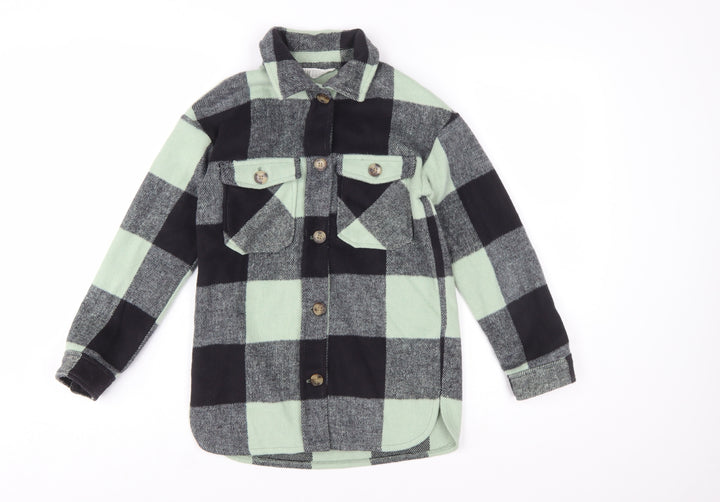 H&M Girls Green Checked Button-Up Long Sleeve Fleece Shirt 9-10 Years